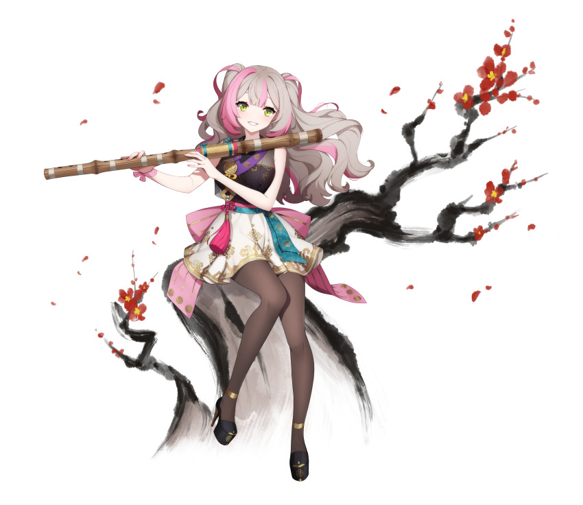 1girl, absurdres, artist_request, black_footwear, brown_pantyhose, eversoul, green_eyes, grey_hair, grin, high_heels, highres, jiho_(eversoul), long_hair, looking_at_viewer, multicolored_hair, official_art, pantyhose, pink_hair, skirt, sleeveless, smile, solo, streaked_hair, tassel, transparent_background