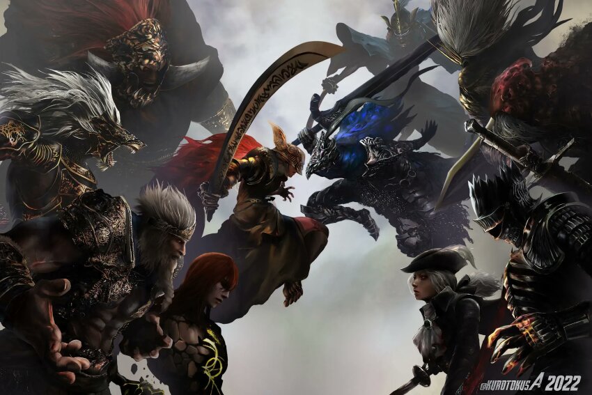 2girls, 6+boys, akeome, armor, artorias_the_abysswalker, ashina_isshin, battle, bloodborne, company_connection, dark_souls_(series), dark_souls_i, dark_souls_iii, elden_ring, elden_ring_(object), fromsoftware, godfrey_first_elden_lord, happy_new_year, highres, holding, holding_sword, holding_weapon, kurotokusa, lady_maria_of_the_astral_clocktower, malenia_blade_of_miquella, maliketh_the_black_blade, multiple_boys, multiple_girls, nameless_king, new_year, radagon_of_the_golden_order, sekiro:_shadows_die_twice, slave_knight_gael, soul_of_cinder, starscourge_radahn, sword, weapon