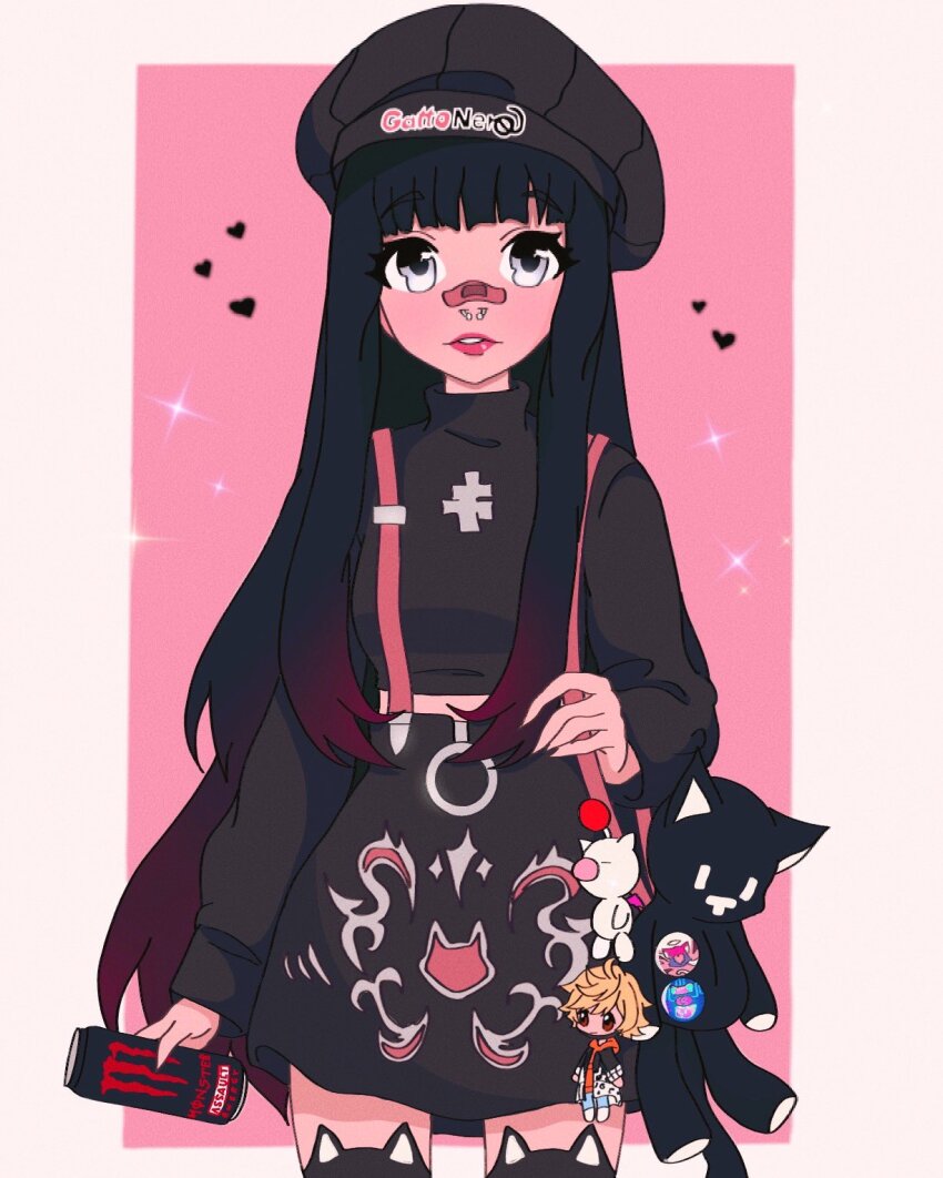 1girl, badge, bag, bandaid, bandaid_on_face, bandaid_on_nose, beret, black_hair