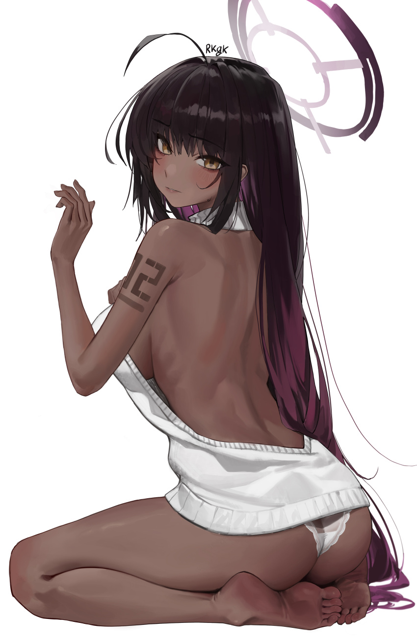 1girl, absurdres, ahoge, alternate_costume, arm_tattoo, ass, back, backless_outfit, bare_legs, barefoot, black_hair, blue_archive, blush, breasts, brown_eyes, commentary_request, dark-skinned_female, dark_skin, feet, from_behind, from_side, full_body, furrowed_brow, gradient_hair, halo, halterneck, highres, karin_(blue_archive), legs, lips, long_hair, looking_at_viewer, looking_back, medium_breasts, multicolored_hair, no_bra, number_tattoo, panties, parted_lips, purple_hair, ribs, sideboob, signature, simple_background, sitting, so_shio, soles, solo, sweatdrop, sweater, tattoo, toes, turtleneck, turtleneck_sweater, two-tone_hair, underwear, very_long_hair, virgin_killer_sweater, white_background, white_panties, white_sweater