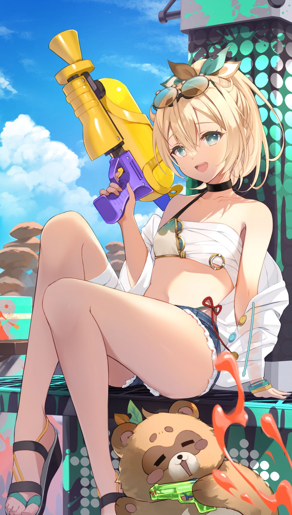 1girl, :d, aqua_eyes, bare_legs, bare_shoulders, bikini, bikini_under_clothes, black_sandals