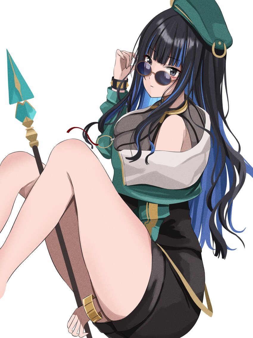 absurdres, beret, blue-tinted_eyewear, bracelet, bracer, facepaint, fate/grand_order, fate_(series), gold_bracelet, green_hat, hat, highres, jacket, jewelry, looking_over_eyewear, multicolored_hair, off_shoulder, shirotsupu, skirt, solo, tenochtitlan_(fate), tenochtitlan_(second_ascension)_(fate), tinted_eyewear