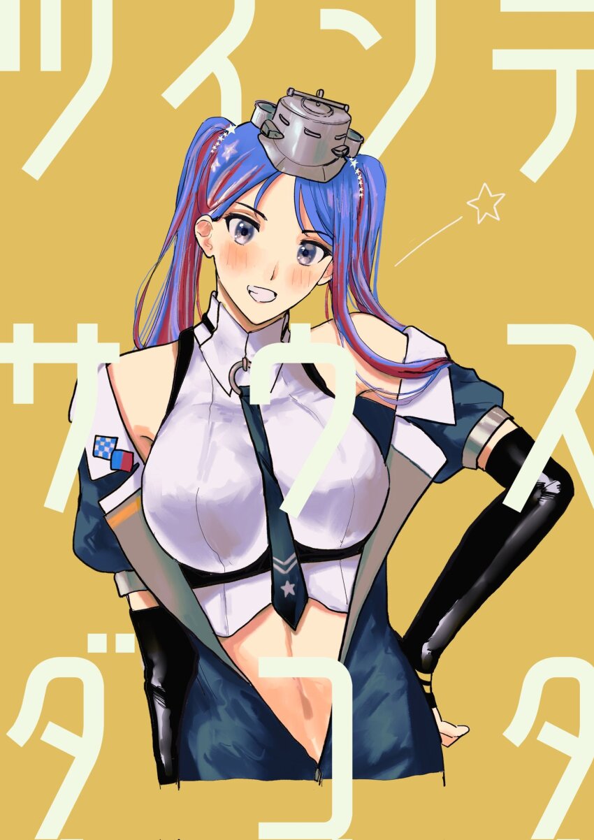 1girl, alternate_hairstyle, black_necktie, blue_hair, blush, breasts, character_name, commentary_request