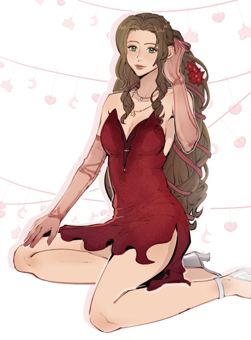 1girl, aerith_gainsborough, aerith_gainsborough_(red_dress), alternate_gloves, alternate_skirt_length, bare_shoulders, breasts, cleavage, dress, final_fantasy, final_fantasy_vii, final_fantasy_vii_remake, flamenco_dress, flower, green_eyes, hair_flower, hair_ornament, hair_ribbon, hand_in_own_hair, hand_on_own_leg, high_heels, highres, jewelry, kneeling, long_hair, looking_at_viewer, medium_breasts, necklace, official_alternate_costume, parted_bangs, pink_ribbon, ponytail, pudelmudel, red_dress, red_flower, ribbon, see-through_clothes, see-through_sleeves, short_dress, sidelocks, solo, star_(symbol), star_necklace, strapless, strapless_dress, wall_market, wavy_hair, white_footwear