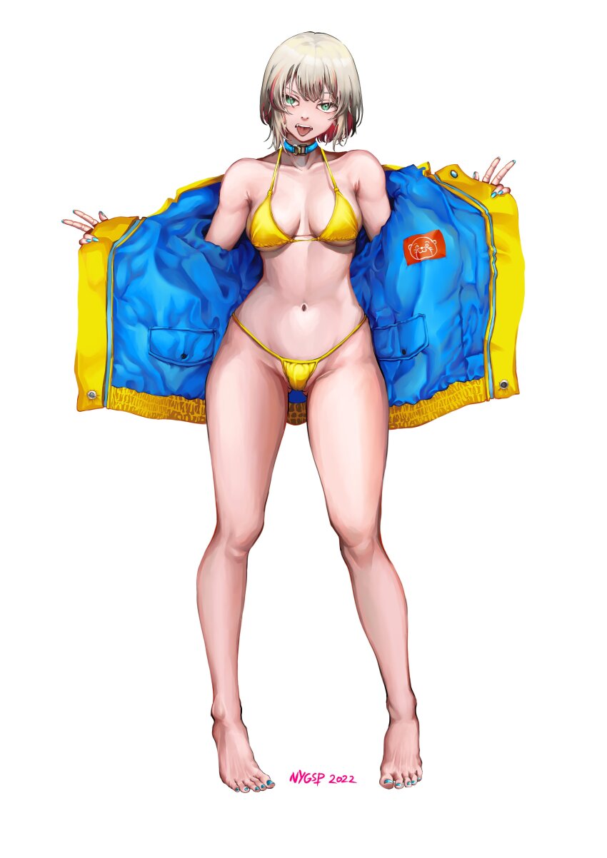 absurdres, barefoot, bikini, bra, breasts, highres, jacket, medium_breasts