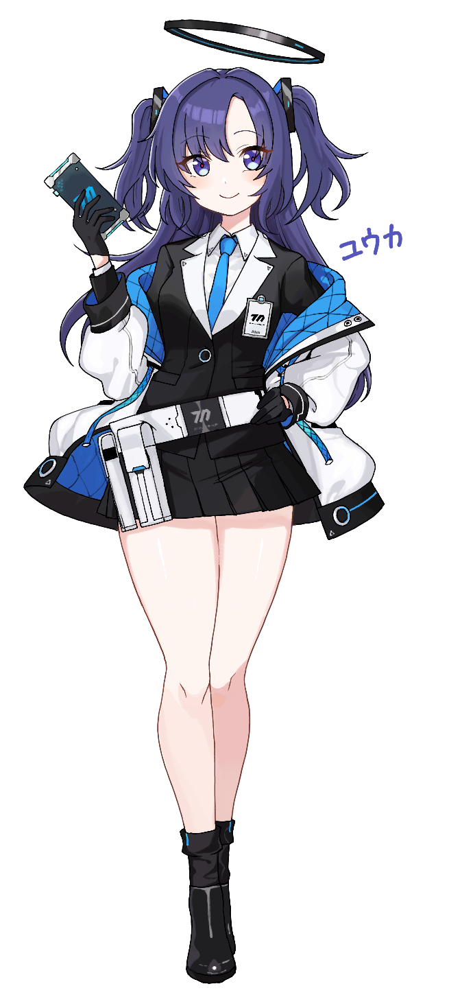 1girl, belt, black_footwear, black_gloves, black_jacket, black_skirt, black_socks, blue_archive