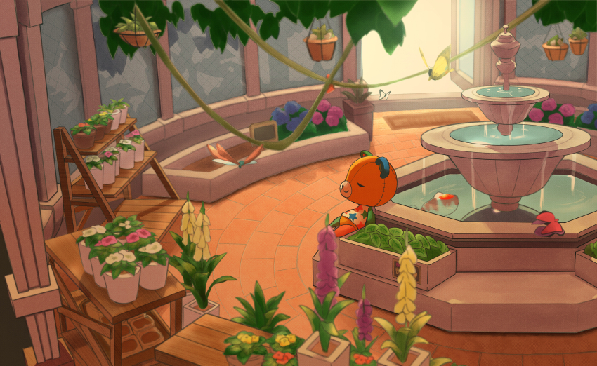 1boy, absurdres, animal_crossing, bear, blue_flower, bottomless, bug, butterfly, closed_eyes, fish, flower, fountain, furry, hanging_plant, highres, hydrangea, insect, koi, nintendo, orange_flower, pink_flower, plant, potted_plant, red_flower, satojoyu, shirt, sitting, sleeping, sleeping_upright, solo, star_(symbol), star_print, stitches_(animal_crossing), t-shirt, vines, water, white_flower, yellow_butterfly, yellow_flower