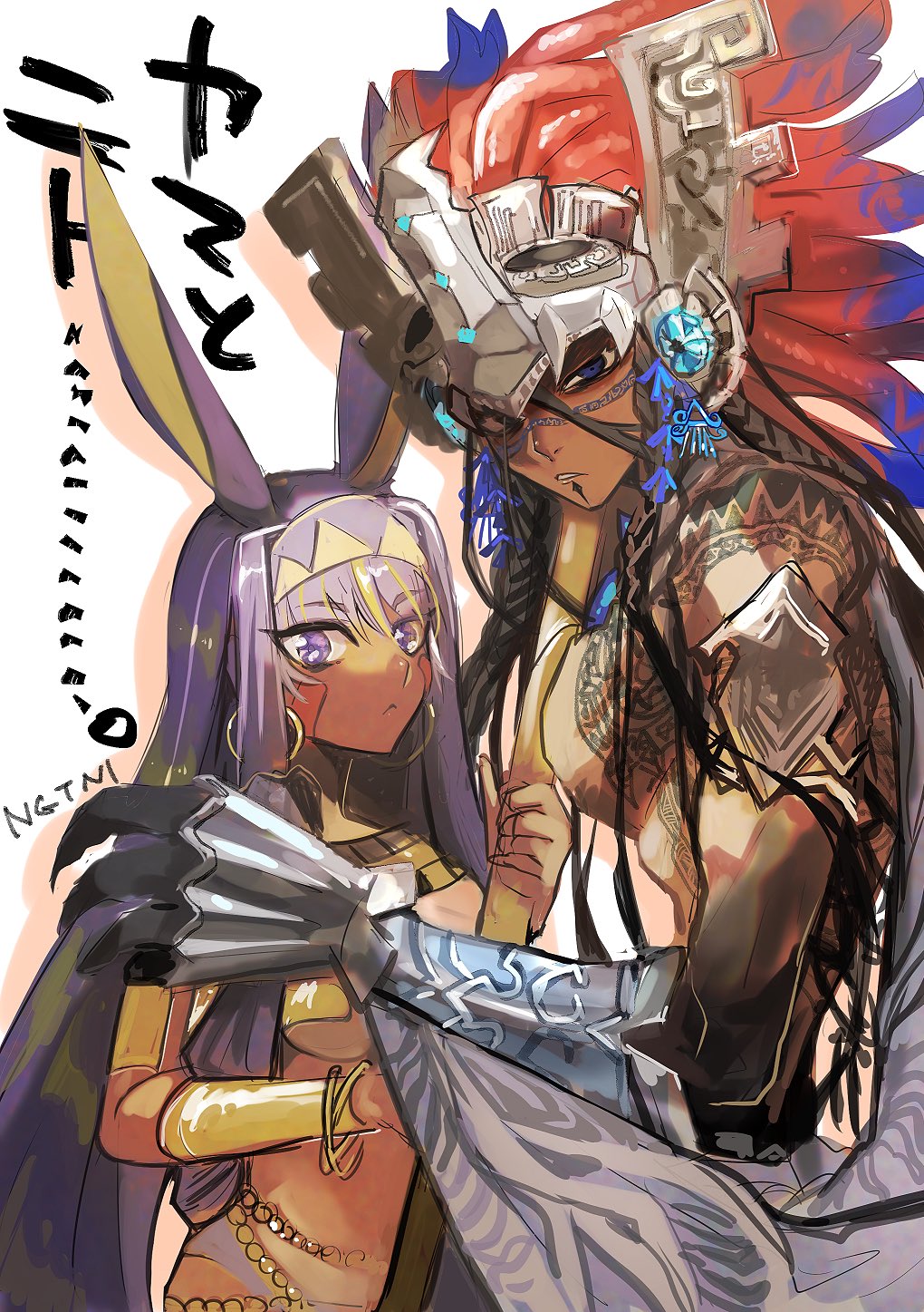 1boy, 1girl, animal_ears, arm_tattoo, black_eyes, camazotz_(fate), dark-skinned_female, dark-skinned_male, dark_skin, facial_tattoo, fate/grand_order, fate_(series), highres, jackal_ears, looking_at_viewer, nitocris_(fate), nitocris_(third_ascension)_(fate), nonono_nagata, purple_eyes, purple_hair, tattoo