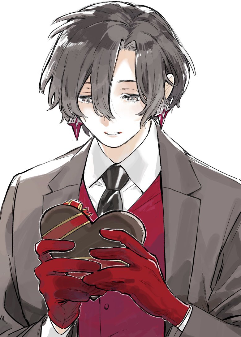 1boy, black_hair, black_jacket, black_necktie, candy, chocolate, chocolate_heart, collared_shirt