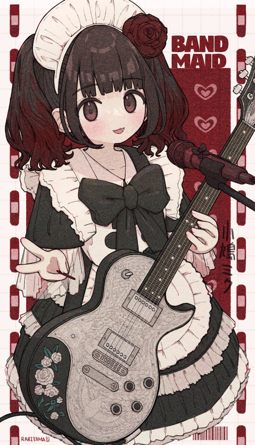 1girl, :3, absurdres, apron, band-maid, bandaid, black_bow, black_bowtie