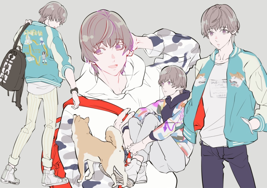 1boy, :d, :o, animal_print, aqua_jacket, arm_behind_head, backpack, bag, black_hoodie, black_pants, brown_hair, cowboy_shot, dog_print, from_behind, full_body, grey_background, grey_pants, hand_in_pocket, highres, hood, hood_down, hoodie, hugging_own_legs, jacket, letterman_jacket, looking_at_animal, looking_at_viewer, male_focus, mofmofqueue, multicolored_jacket, multiple_views, ootori_eiji, open_clothes, open_jacket, open_mouth, pants, parted_lips, profile, purple_eyes, shiba_inu, shirt, shoes, short_hair, simple_background, sitting, smile, sneakers, striped_clothes, striped_pants, upper_body, uta_no_prince-sama, vertical-striped_clothes, vertical-striped_pants, watch, white_footwear, white_hoodie, white_jacket, white_shirt, wristwatch, yellow_pants