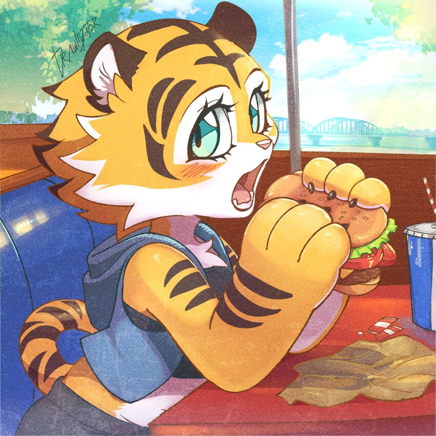 1girl, animal_ears, animal_hands, animal_nose, artist_name, aura_(drawligator), bare_shoulders, black_shirt, blue_eyes, blue_sky, blue_vest, blush, body_fur, brown_fur, burger, claws, cloud, crop_top, cup, day, disposable_cup, drawligator, drink, drinking_straw, eating, fangs, female_focus, food, furry, furry_female, hands_up, highres, holding, holding_food, hood, hood_up, hooded_vest, hoodie, indoors, ketchup, lettuce, looking_at_viewer, meat, midriff, multicolored_fur, open_clothes, open_mouth, open_vest, original, seat, shirt, signature, sitting, sky, sleeveless, sleeveless_shirt, solo, striped_fur, table, tail, teeth, tiger_ears, tiger_girl, tiger_tail, tomato, tomato_slice, tongue, tree, vest, white_fur, window, yellow_fur