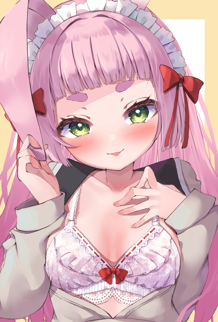 1girl, :p, animal_ears, black_sailor_collar, blunt_bangs, blush, border, bow