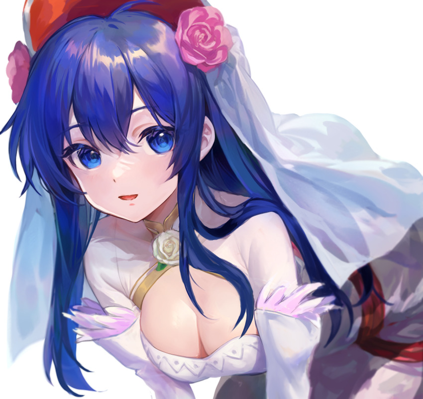 1girl, :d, blue_eyes, blue_hair, breasts, bridal_veil, cleavage, dress, feather_trim, fire_emblem, fire_emblem:_the_binding_blade, fire_emblem_heroes, flower, frills, gloves, gold_trim, highres, jurge, lilina_(bridal)_(fire_emblem), lilina_(fire_emblem), long_hair, looking_at_viewer, medium_breasts, nintendo, open_mouth, pink_flower, pink_rose, red_headwear, rose, smile, solo, veil, wedding_dress, white_dress, white_flower, white_gloves, white_rose
