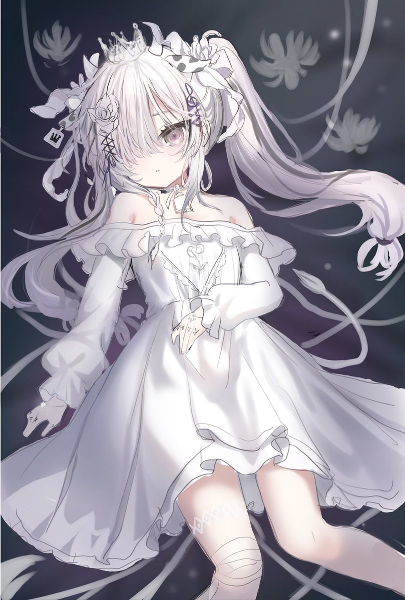 1girl, :o, animal_ears, bandaged_knees, bandaged_leg, bandages, bare_shoulders, commentary_request, cow_ears, cow_girl, cow_horns, cow_tail, crown, dress, feet_out_of_frame, flower, frilled_dress, frills, grey_eyes, hair_flower, hair_ornament, hair_over_one_eye, highres, horns, indie_virtual_youtuber, long_hair, long_sleeves, lying, mini_crown, off-shoulder_dress, off_shoulder, olda_(vtuber), on_back, parted_lips, puffy_long_sleeves, puffy_sleeves, rose, shiodome_oji, sleeves_past_wrists, solo, tail, twintails, very_long_hair, virtual_youtuber, white_dress, white_flower, white_hair, white_rose