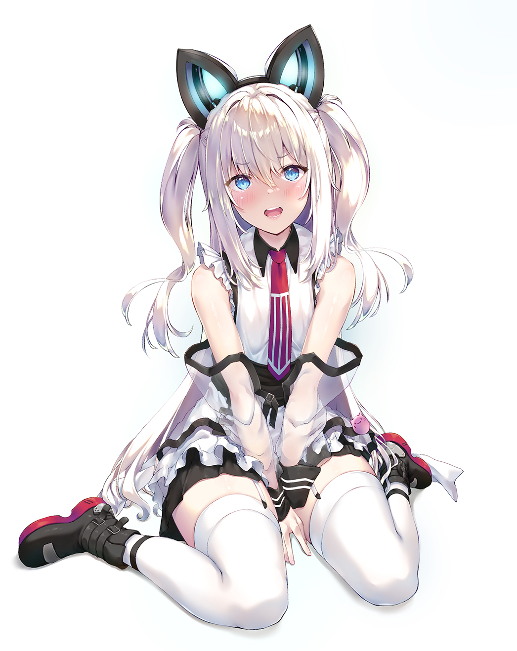 1girl, animal_ears, arms_between_legs, azur_lane, bare_shoulders, between_legs, black_boots, black_skirt