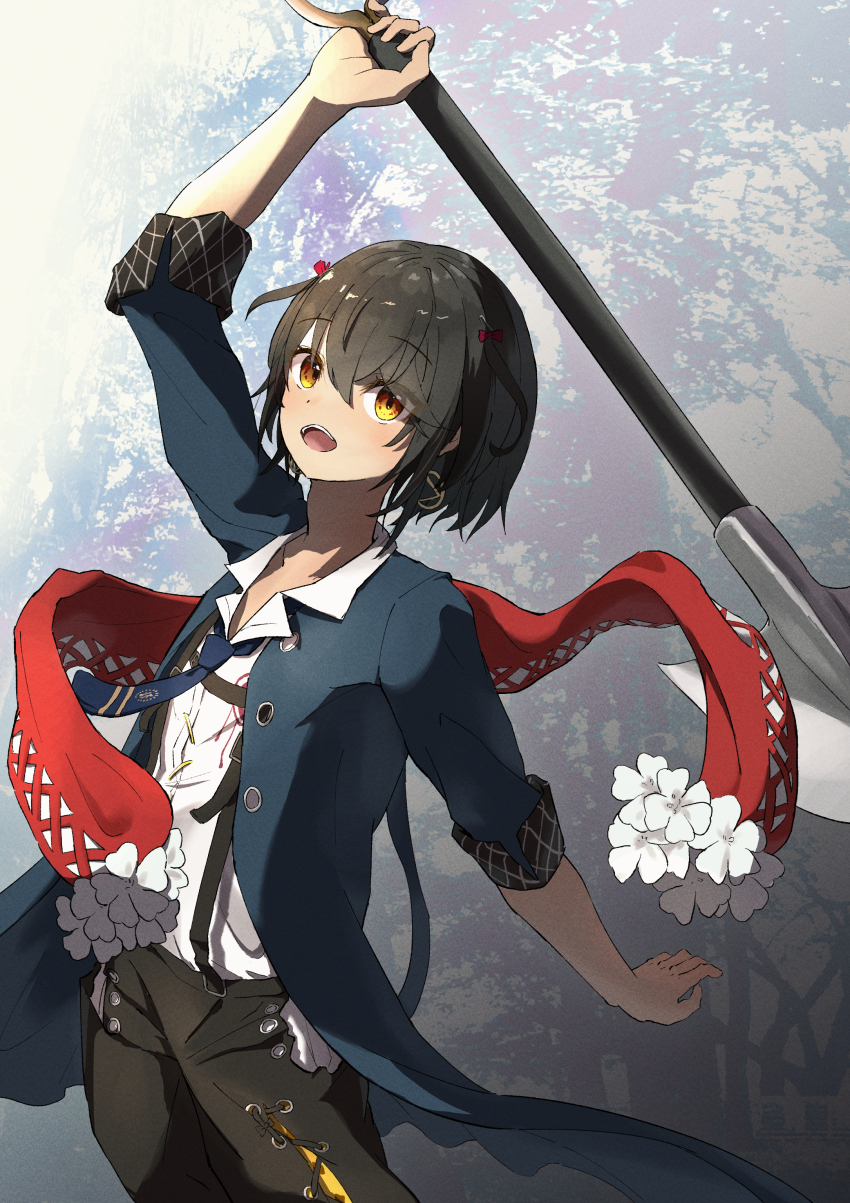 1boy, absurdres, black_hair, black_pants, blue_coat, coat, earrings, fur-trimmed_scarf