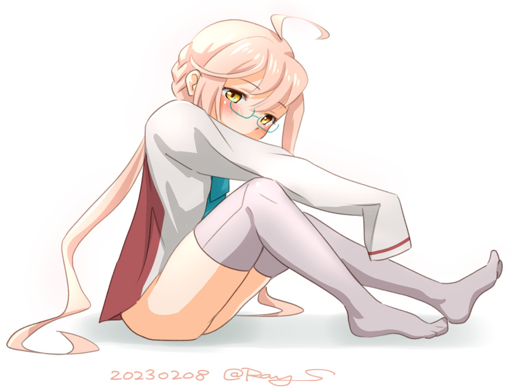 1girl, ahoge, blazer, blue-framed_eyewear, braid, crown_braid, dated, grey_jacket