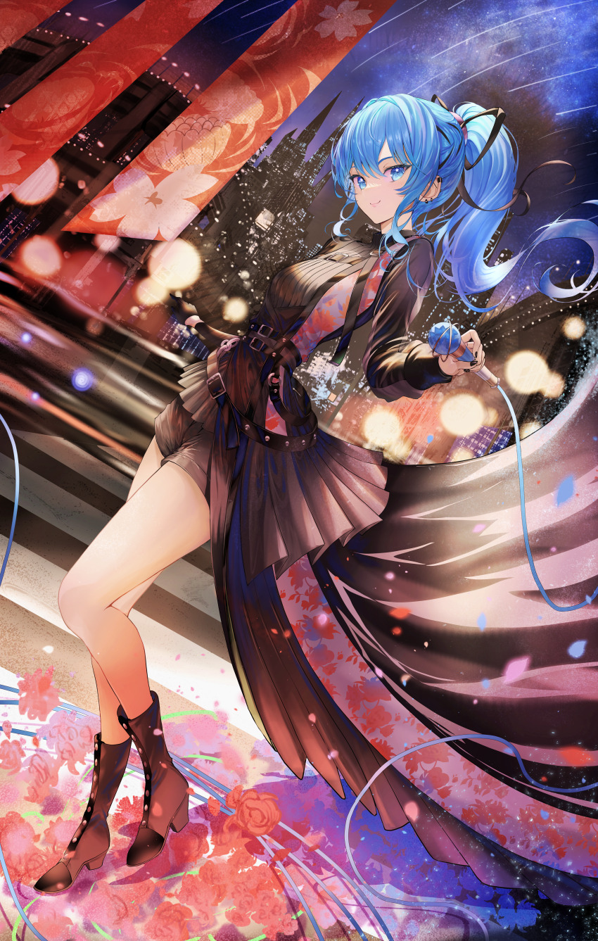 1girl, absurdres, atatatatame01, blue_eyes, blue_hair, boots, cityscape, earrings