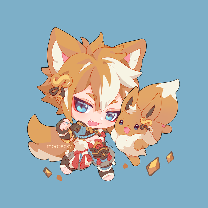 1boy, :3, :d, animal_ears, armor, artist_name, black_gloves, blue_background