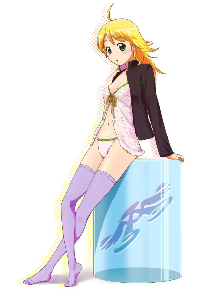 1girl, ahoge, babydoll, blonde_hair, female_focus, green_eyes, hoshii_miki, idolmaster