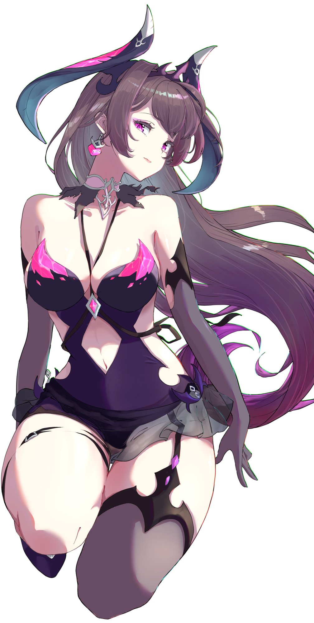 1girl, bare_shoulders, between_breasts, black_gloves, breasts, brown_hair, cleavage, closed_mouth, clothing_cutout, collarbone, detached_collar, elbow_gloves, epic_seven, garter_straps, gloves, head_tilt, highres, horns, kneeling, large_breasts, leotard, long_hair, looking_at_viewer, messy_hair, miniskirt, navel, navel_cutout, pink_eyes, purple_gloves, purple_leotard, purple_thighhighs, scarled_epic7, see-through_clothes, see-through_gloves, see-through_skirt, side_cutout, sidelocks, skirt, solo, specter_tenebria_(dark_tyrant)_(epic_seven), specter_tenebria_(epic_seven), strapless, strapless_leotard, tenebria_(epic_seven), thick_thighs, thighhighs, thighs, two-tone_gloves, white_background