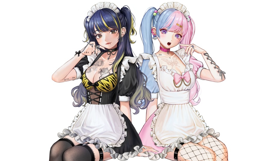 10_plus, 2girls, animal_print, apron, artist_name, bandaid, bandaid_hair_ornament, black_bow