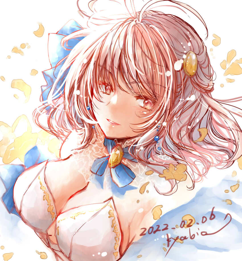 1girl, breasts, cleavage, dated, earrings, highres, imperial_saga, jewelry, kyabia, large_breasts, long_hair, looking_at_viewer, medium_breasts, primiera_(saga), red_hair, saga, saga_frontier_2, signature, smile, solo