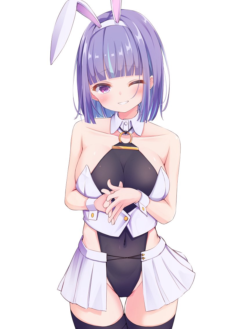 1girl, animal_ears, breasts, covered_navel, cowboy_shot, detached_collar, fake_animal_ears, grin