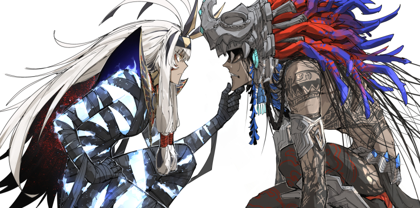 1boy, 1girl, bandages, camazotz_(fate), closed_mouth, crying, dark-skinned_female, dark-skinned_male