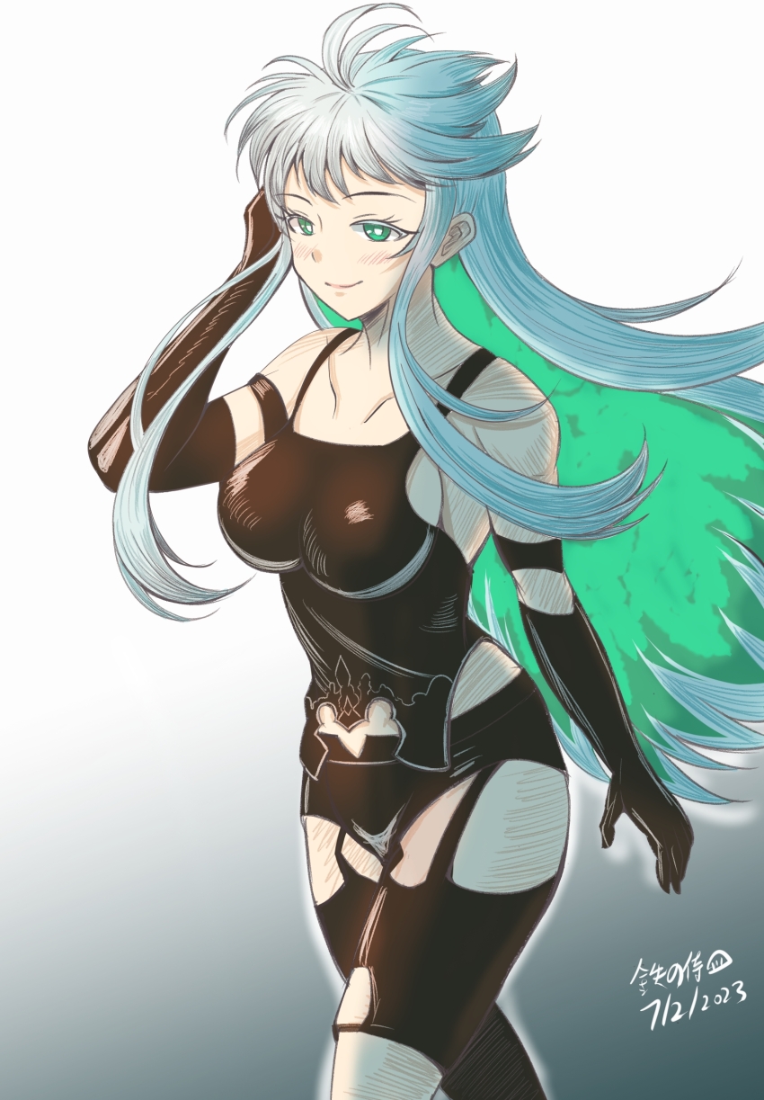 1girl, a2_(nier:automata), black_gloves, blush, bodysuit, breasts, collarbone, commentary