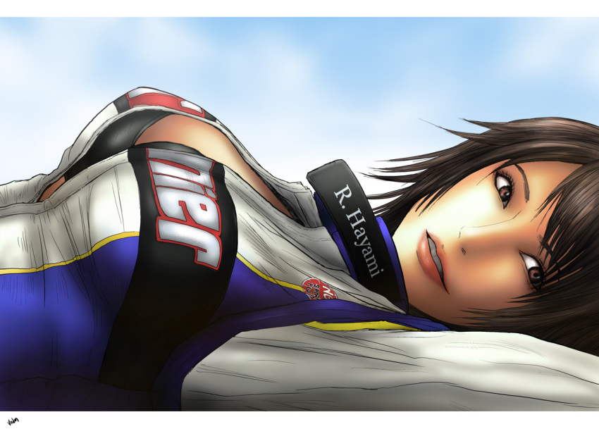 1girl, black_bra, bra, breasts, brown_eyes, brown_hair, center_opening, character_name, cloud, day, hayami_rena, hayami_ryoko, lingerie, lying, namco, r:_racing_evolution, rena_hayami, ridge_racer, short_hair, signature, sky, underwear, unzipped, viridian-c