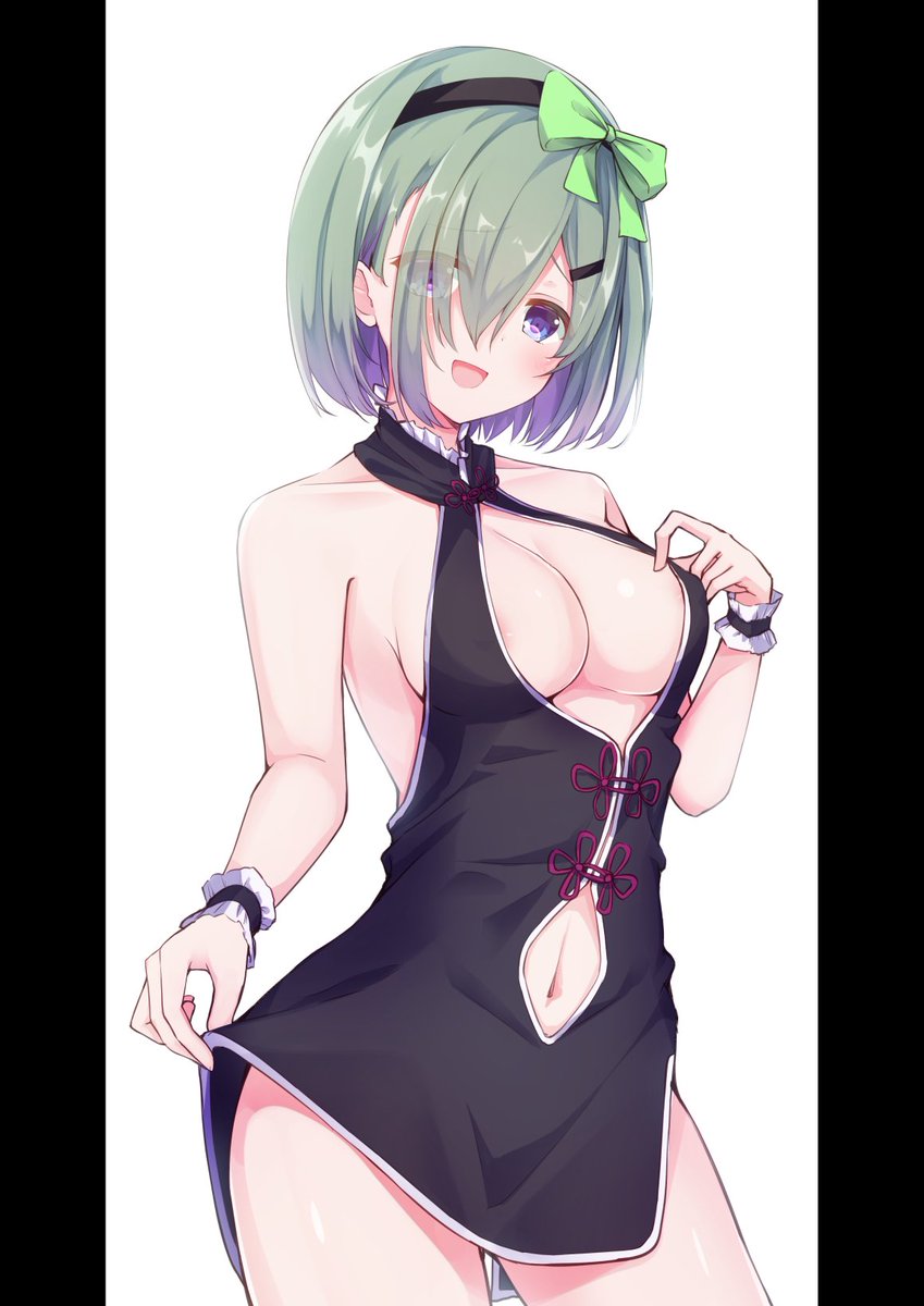 1girl, areola_slip, breasts, china_dress, chinese_clothes, commission, cowboy_shot, dress