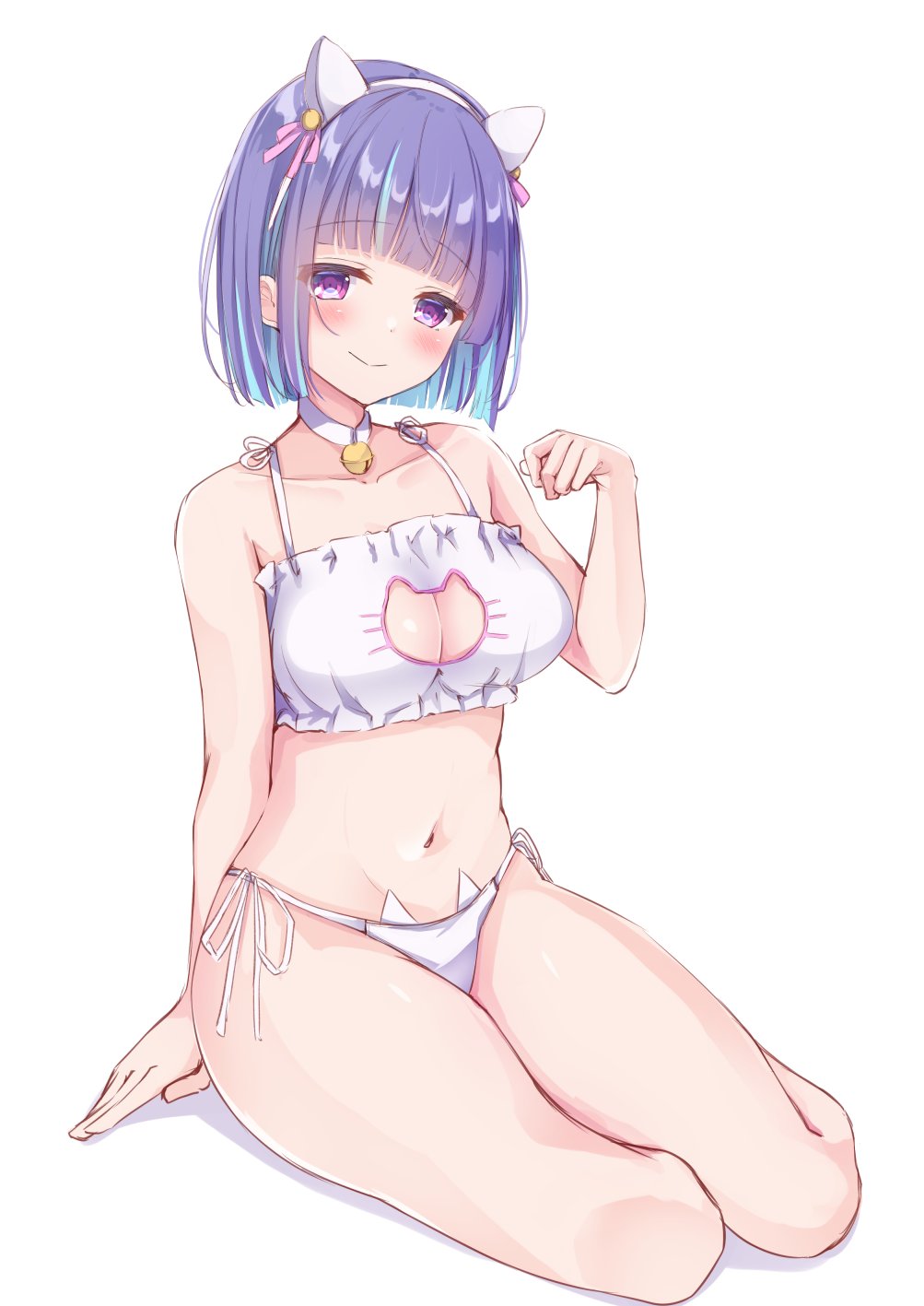 1girl, animal_ears, bell, bikini, breasts, cat_cutout, cat_ear_panties, cat_ears
