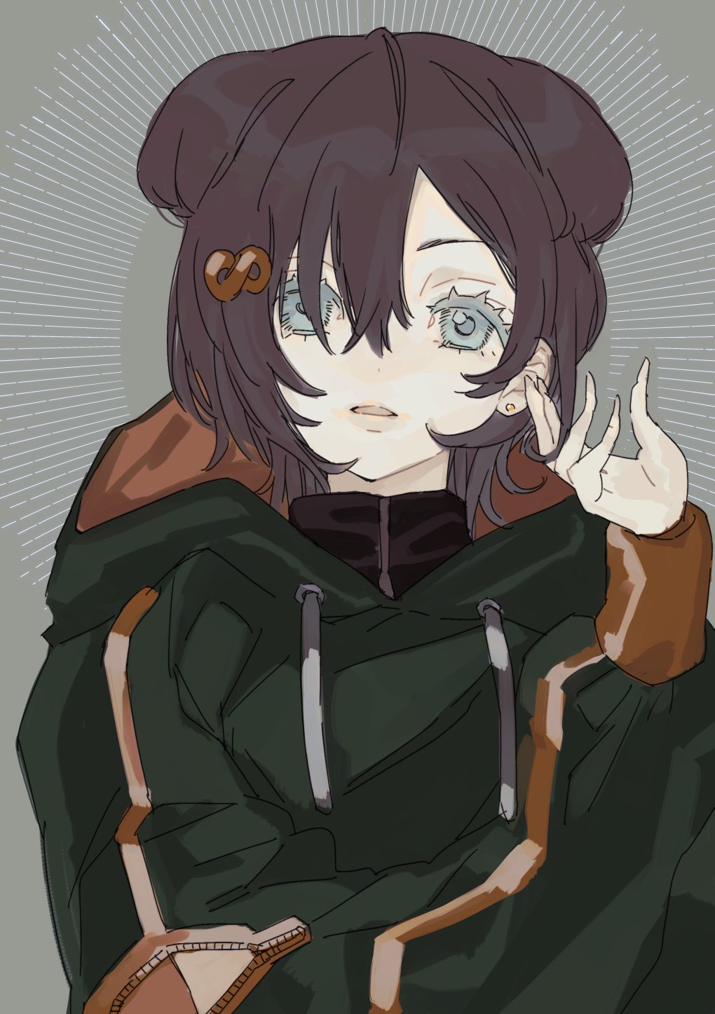 1girl, blue_eyes, brown_hair, denonbu, grey_background, hair_between_eyes, hair_ornament, highres