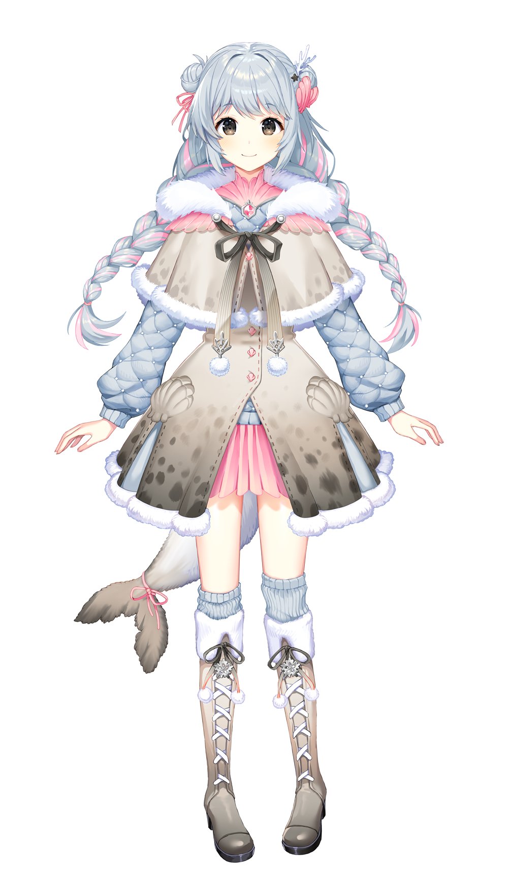 1girl, arms_at_sides, boots, braid, brown_eyes, capelet, closed_mouth, coat, commentary, english_commentary, full_body, fur_trim, hair_ornament, highres, knee_boots, lace-up_boots, long_sleeves, looking_at_viewer, low_twin_braids, over-kneehighs, pink_ribbon, pink_skirt, pom_pom_(clothes), ribbon, satchely, seru_kisen, simple_background, skirt, socks, solo, standing, tail, tail_ornament, tail_ribbon, thighhighs, twin_braids, virtual_youtuber, virtuality_project, white_background, white_hair