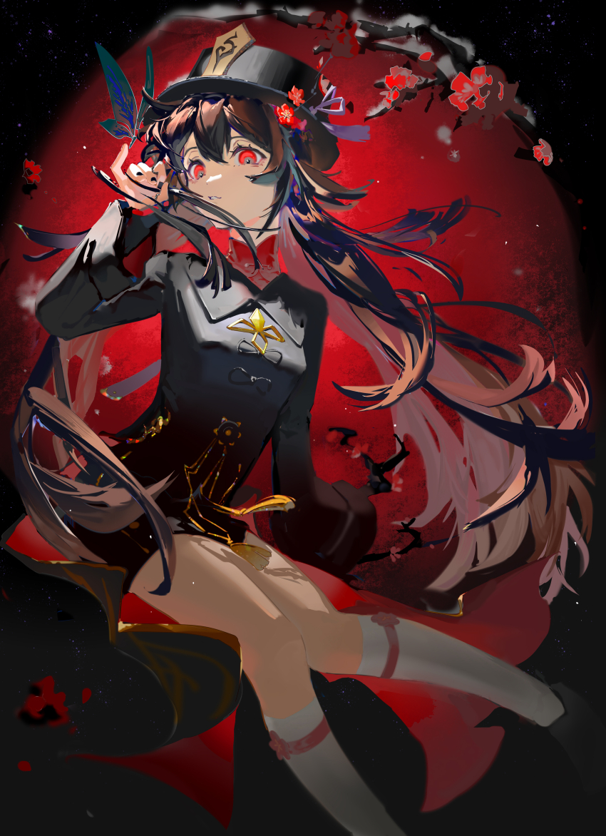 1girl, absurdres, black_hat, black_shirt, black_shorts, brown_hair, bug, butterfly