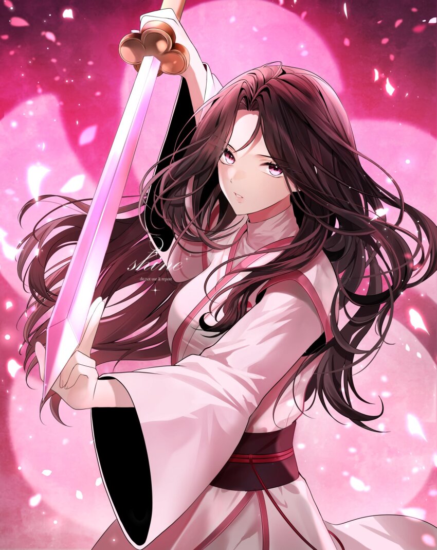 1girl, arm_up, black_hair, falling_petals, fighting_stance, flower, highres, holding, holding_sword, holding_weapon, index_fingers_raised, long_hair, looking_at_viewer, parted_lips, petals, plum_blossoms, return_of_the_mount_hua_sect, sash, shine_s247, solo, sword, teeth, undershirt, uniform, upper_body, weapon, yu_iseol_(return_of_the_mount_hua_sect)