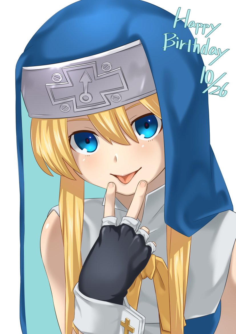 1boy, :p, bare_shoulders, black_gloves, blonde_hair, blue_dress, blue_eyes, bridget_(guilty_gear), cross, cuffs, dated, dress, fingerless_gloves, gloves, guilty_gear, guilty_gear_xx, habit, happy_birthday, hashibirohou, latin_cross, looking_at_viewer, male_focus, mars_symbol, nun, nun_headdress, short_hair_with_long_locks, smile, tongue, tongue_out, trap, v