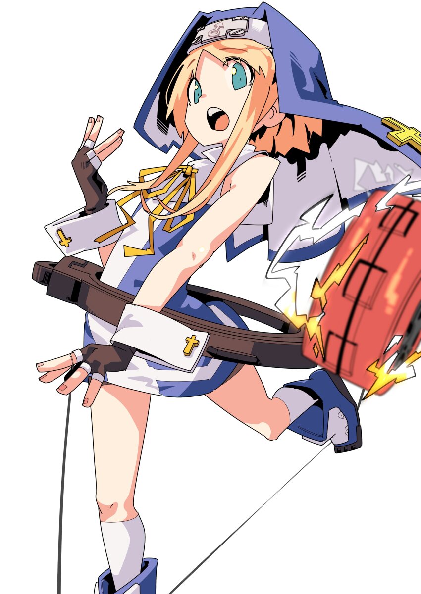 1boy, absurdres, aqua_eyes, bare_shoulders, black_gloves, blonde_hair, blue_dress, bridget_(guilty_gear), cross, cuffs, dress, fingerless_gloves, gloves, guilty_gear, guilty_gear_xx, habit, handcuffs, highres, latin_cross, looking_at_viewer, male_focus, mars_symbol, nun, nun_headdress, ribbon, short_hair_with_long_locks, smile, trap, watasi_ch3, yellow_ribbon, yo-yo