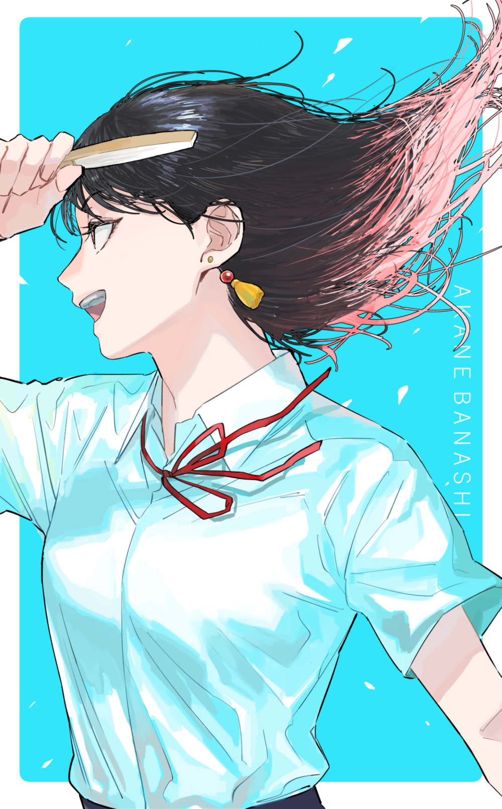 1girl, akane-banashi, aqua_background, black_hair, breasts, collared_shirt, copyright_name, earrings