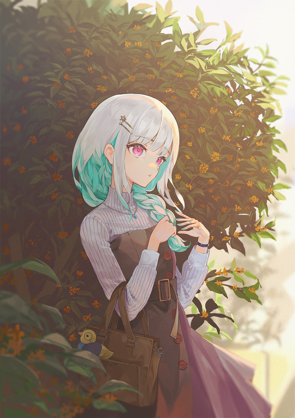 1girl, aqua_hair, aqua_nails, belt, bloom, blunt_bangs, braid, brown_belt