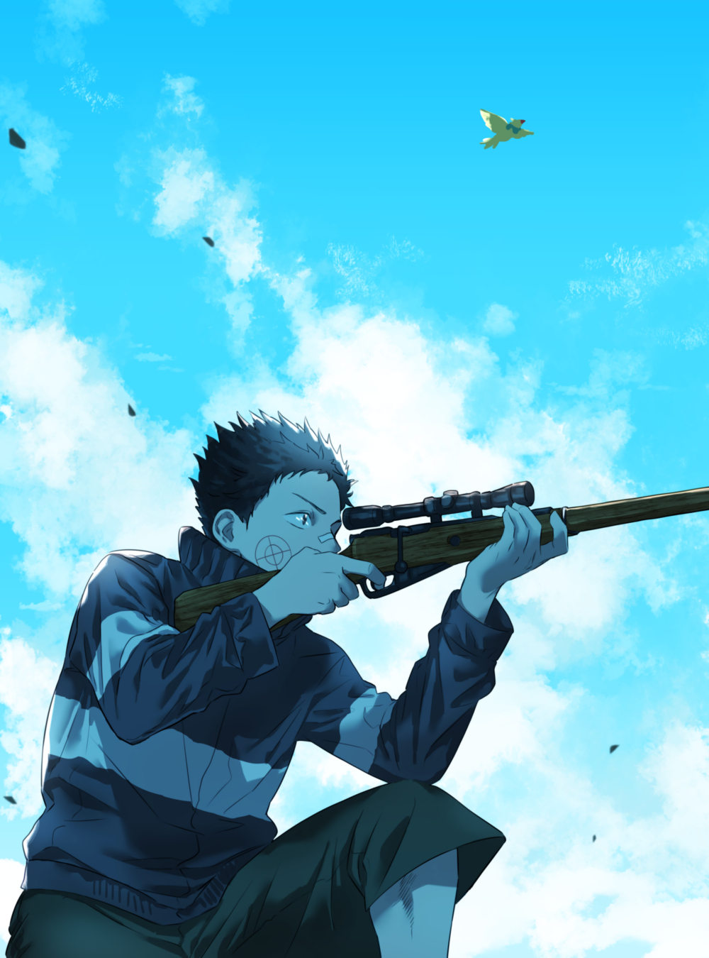 1boy, aiming, animal, bandaid, bandaid_on_face, bandaid_on_nose, black_hair, black_shorts, facial_mark, finger_on_trigger, flying, from_side, gun, hands_up, highres, holding, holding_gun, holding_weapon, jacket, long_sleeves, looking_away, male_focus, mashimo_heisuke, pisuke_(sakamoto_days), profile, rifle, sakamoto_days, short_hair, shorts, sky, sniper_rifle, spiked_hair, target, umi_meteo, weapon