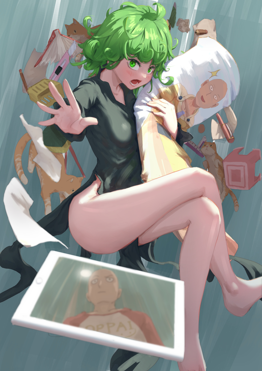1boy, 1girl, absurdres, asuka-w, bald, blush, breasts, cat, crossed_legs, dakimakura_(object), feet, floating, green_eyes, green_hair, highres, hugging_object, ipad, legs, looking_at_viewer, lower_teeth_only, one-punch_man, open_mouth, pillow, pillow_hug, saitama_(one-punch_man), screen, small_breasts, stool, tablet_pc, tatsumaki, teeth, telekinesis, thighs