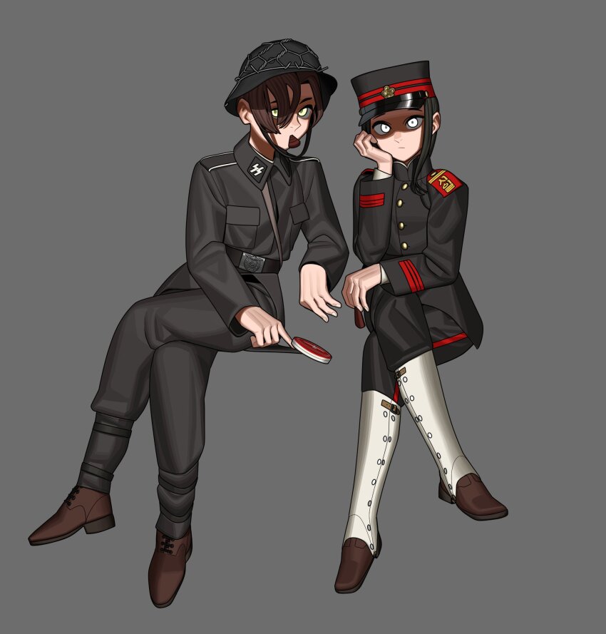 2girls, black_hair, brown_hair, combat_helmet, commentary, english_commentary, green_eyes, helmet