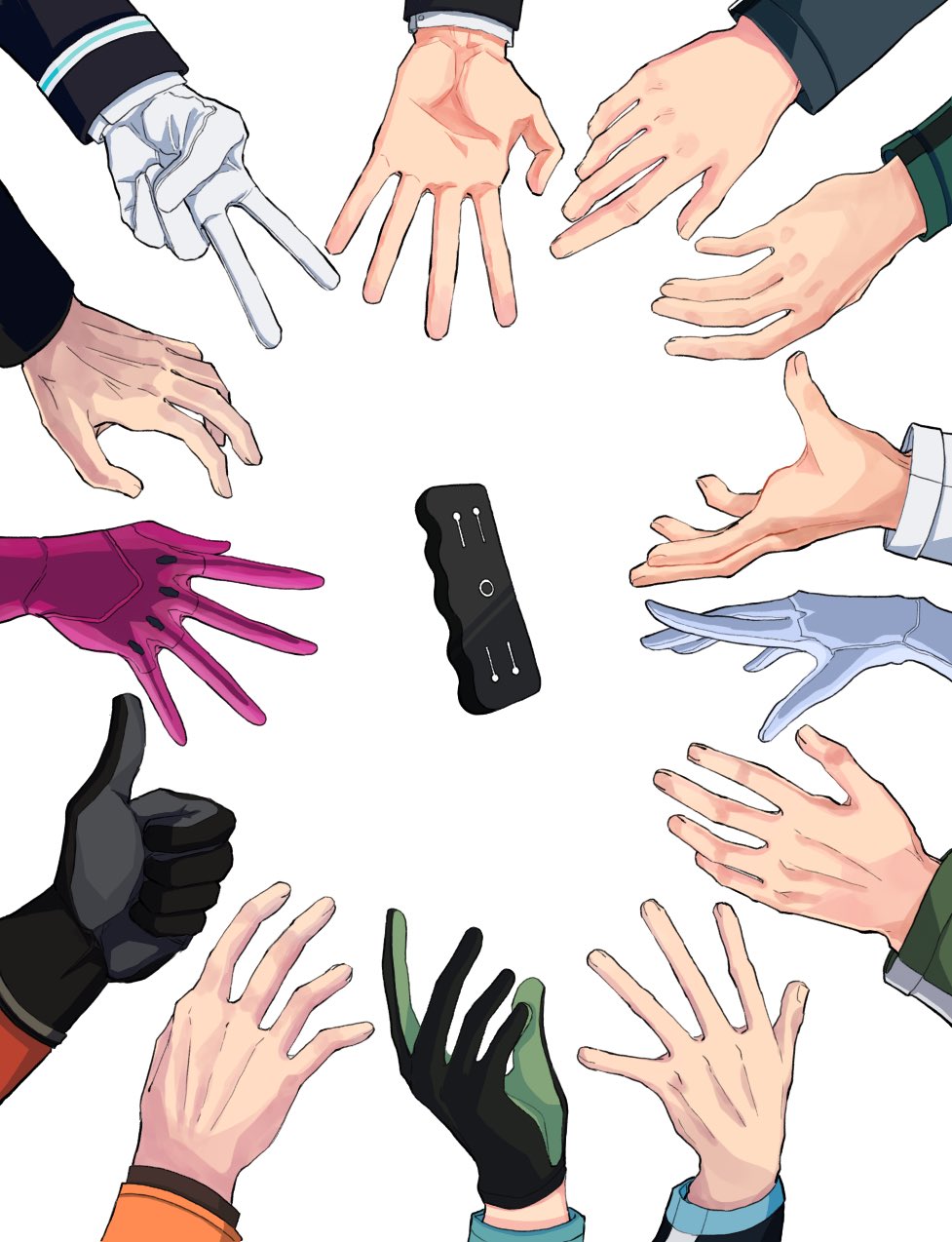 2girls, 6+boys, arafune_tetsuji, azuma_haruaki, black_gloves, gloves, green_gloves, hand_focus
