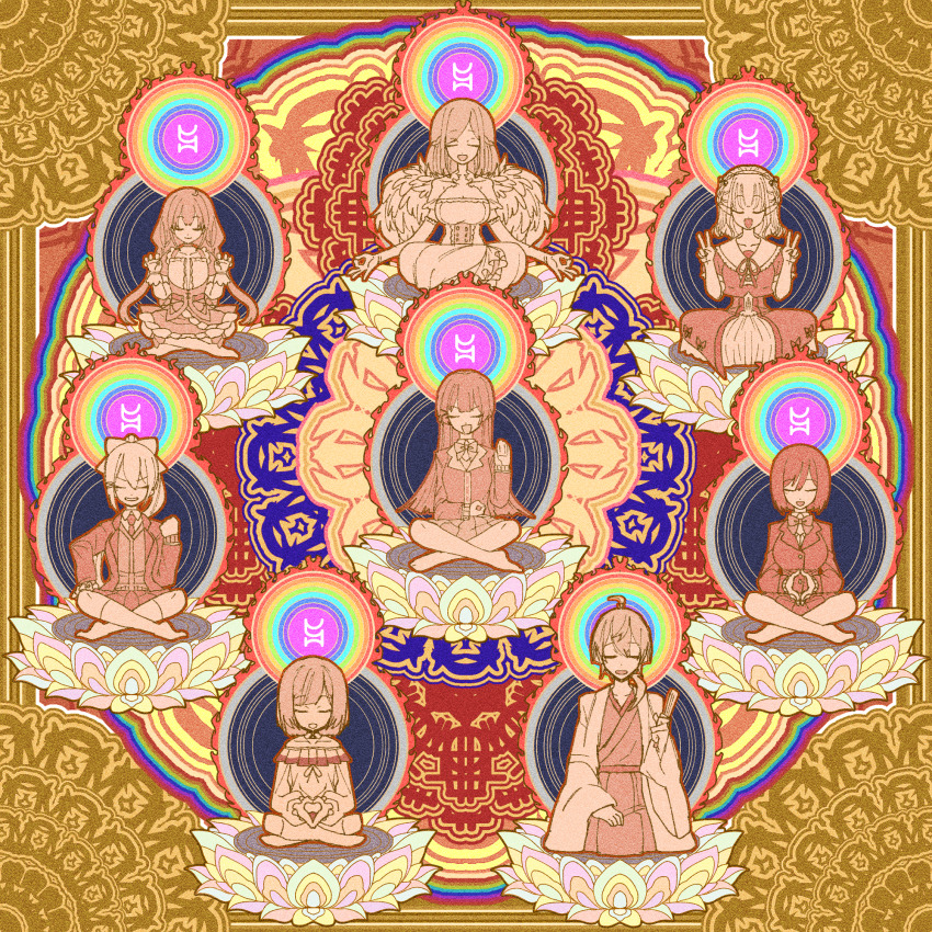 2boys, 6+girls, abhaya_mudra, ahoge, blazer, blunt_bangs, bow, bowtie