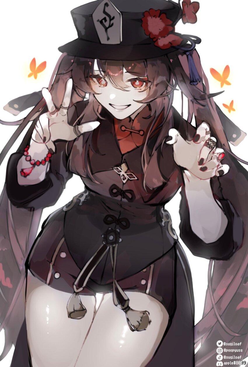 1girl, angiesfavorite, bike_shorts, black_nails, breasts, brown_coat, brown_hair, coat, coattails, commentary_request, cowboy_shot, flower-shaped_pupils, genshin_impact, hat, highres, hu_tao_(genshin_impact), long_hair, medium_breasts, porkpie_hat, red_eyes, red_shirt, shirt, short_shorts, shorts, sketch, small_breasts, solo, symbol-shaped_pupils, tailcoat, thigh_gap, thighs, twintails