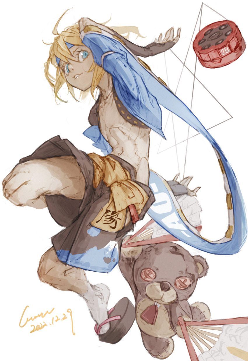 1boy, absurdres, blonde_hair, bridal_gauntlets, bridget_(guilty_gear), cosplay, fingerless_gloves, gloves, guilty_gear, guilty_gear_x, guilty_gear_xx, hand_fan, highres, holding, holding_fan, looking_at_viewer, male_focus, mito_anji, mito_anji_(cosplay), ribbon-trimmed_sleeves, ribbon_trim, roger_(guilty_gear), short_hair_with_long_locks, stuffed_animal, stuffed_toy, teddy_bear, trap, wawon_(wan_wawon), yo-yo