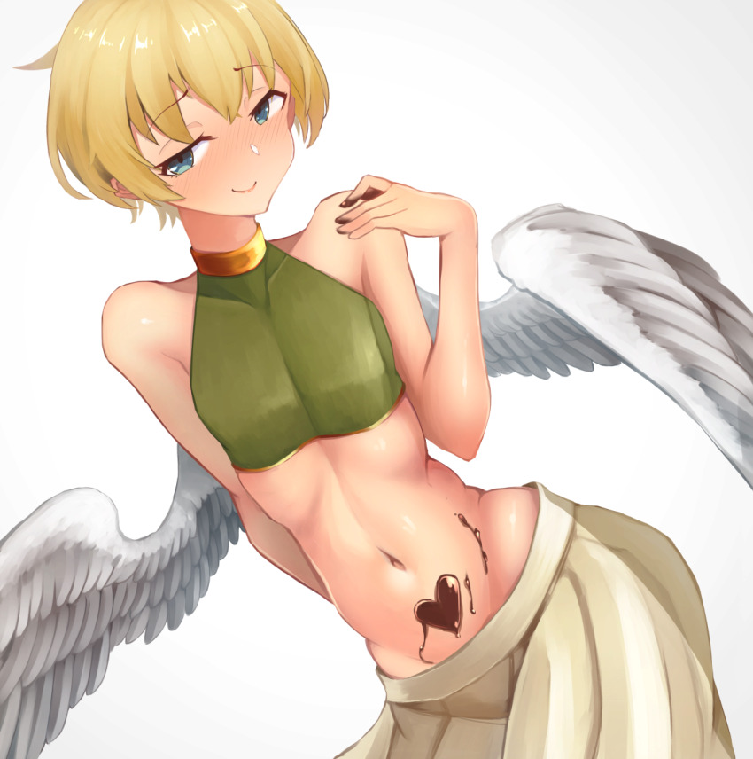 1boy, androgynous, angel_wings, aqua_eyes, bare_shoulders, blonde_hair, candy, chocolate
